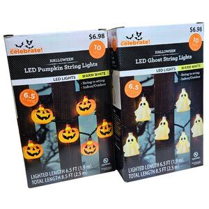 Halloween Jack O'Lantern Pumpkin and Ghost 10 Mini String Lights Lanterns NIB